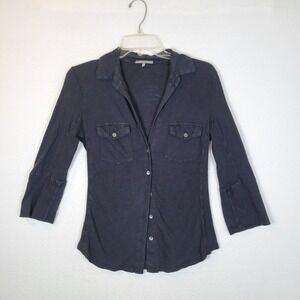 Standard James Perse Womens Black Button 3/4 Sleeve Top Size 1 Black Minimalist